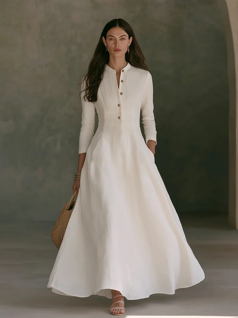 Damen Elegantes Langarm Maxikleid Nord Taschen