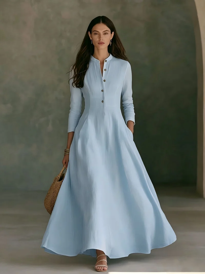 Damen Elegantes Langarm Maxikleid Nord Taschen