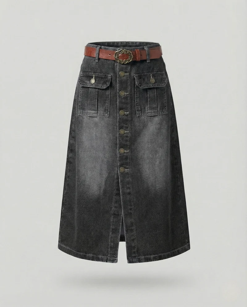 Jeansrock Damen Midi Knopfleiste