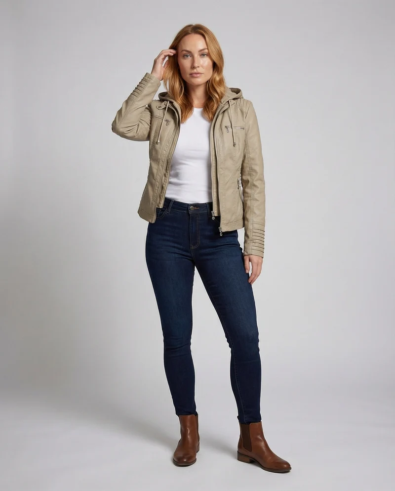 Damen Biker-Kunstlederjacke Tailliert Kapuze