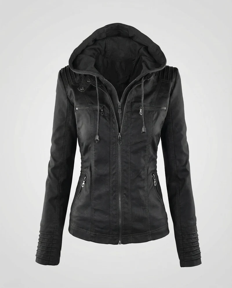 Damen Biker-Kunstlederjacke Tailliert Kapuze