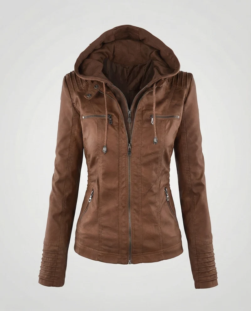 Damen Biker-Kunstlederjacke Tailliert Kapuze