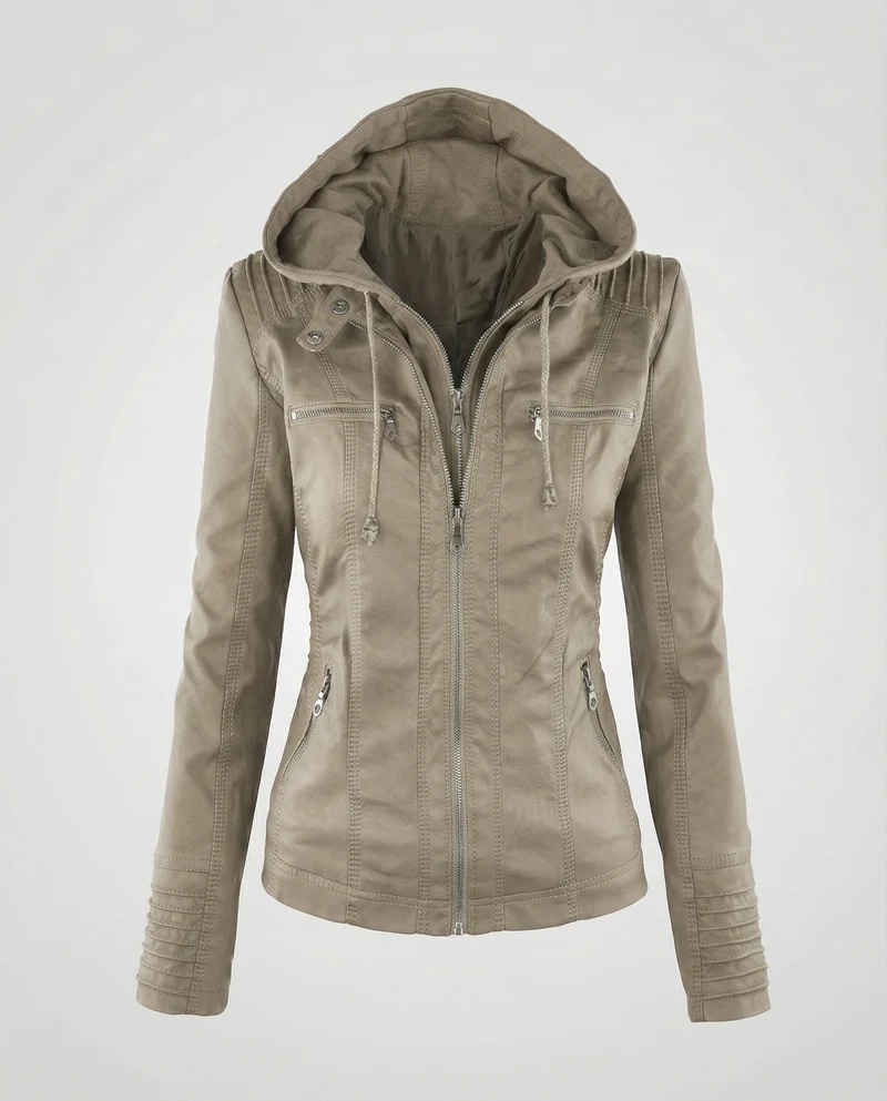 Damen Biker-Kunstlederjacke Tailliert Kapuze
