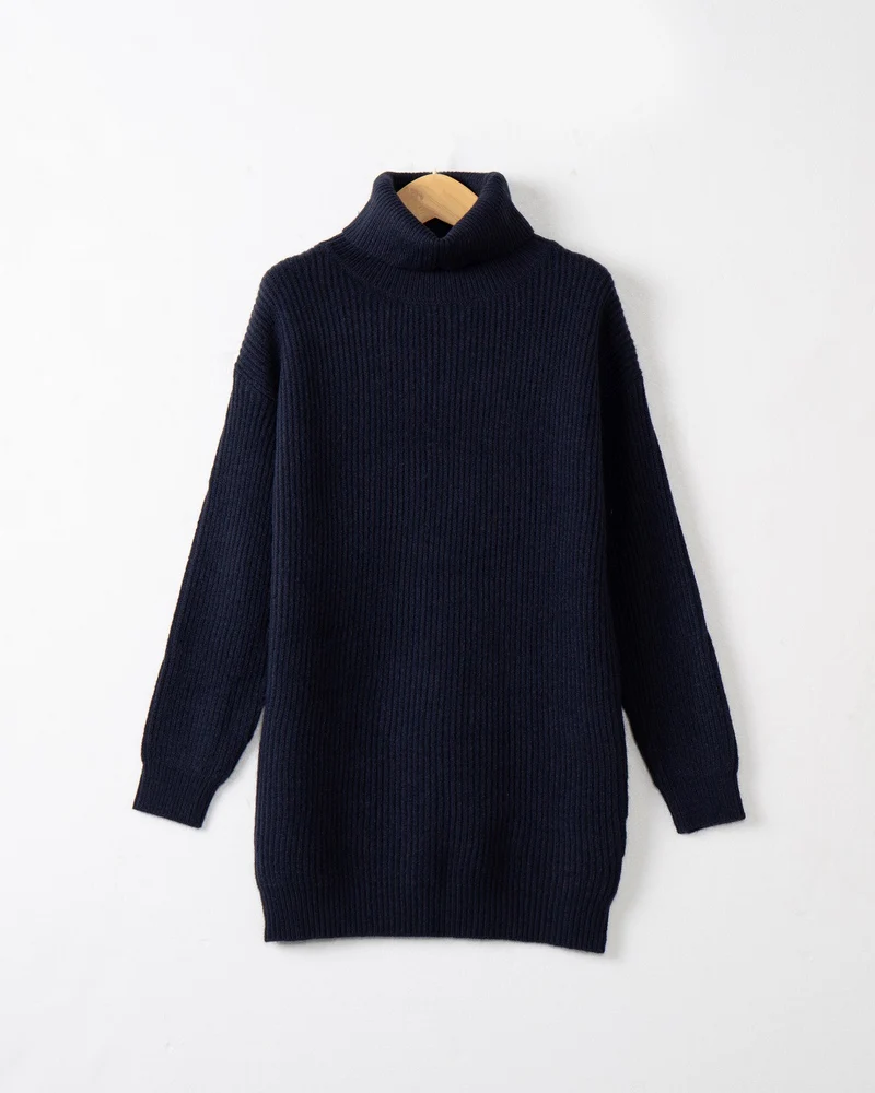 Damen Langer Rippstrick-Rollkragenpullover im Oversize-Schnitt Nord Taschen