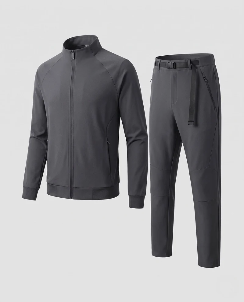 Herren Stretch-Trainingsset aus technischem Nylon mit Stehkragenjacke & tapered Freizeithose Nord Taschen