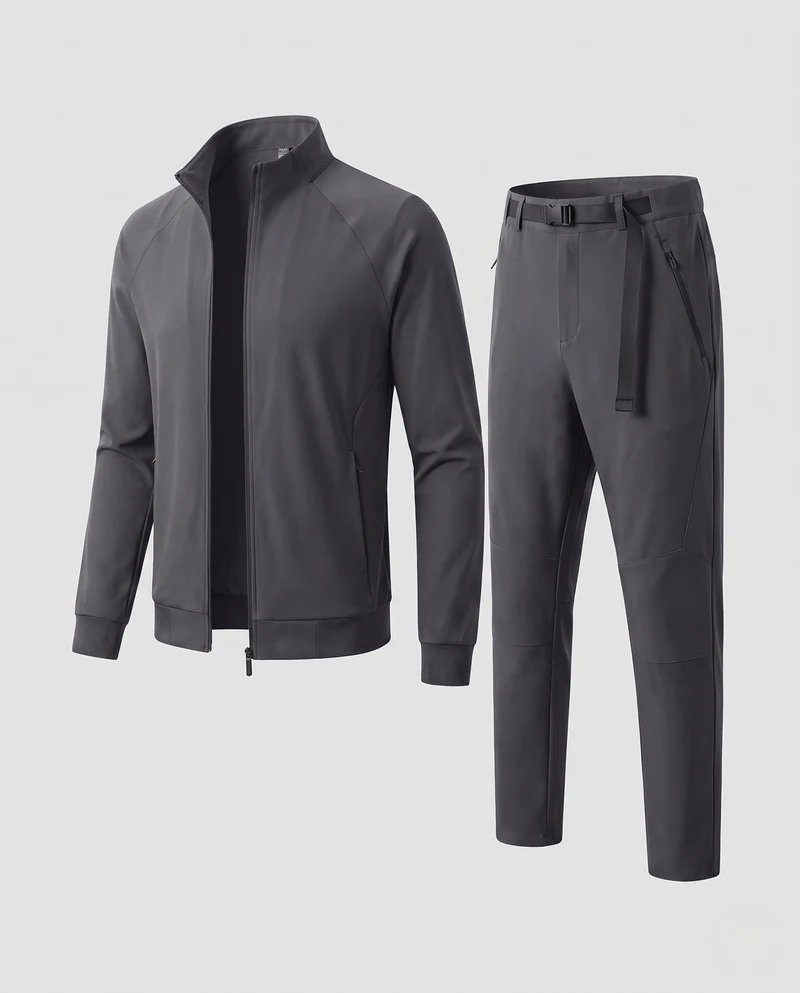 Herren Stretch-Trainingsset aus technischem Nylon mit Stehkragenjacke & tapered Freizeithose Nord Taschen