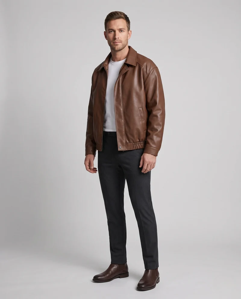 Herren Schlichte Kunstleder‑Blousonjacke im cleanen Blousonstil mit Hemdkragen, verdecktem Reißverschluss & elastischem Bund Nord Taschen