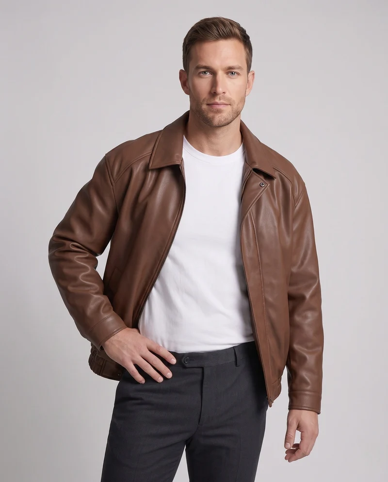 Herren Schlichte Kunstleder‑Blousonjacke im cleanen Blousonstil mit Hemdkragen, verdecktem Reißverschluss & elastischem Bund Nord Taschen