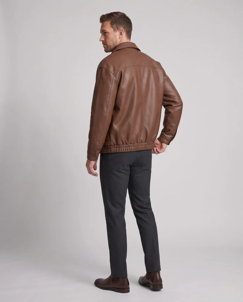 Herren Schlichte Kunstleder‑Blousonjacke im cleanen Blousonstil mit Hemdkragen, verdecktem Reißverschluss & elastischem Bund Nord Taschen