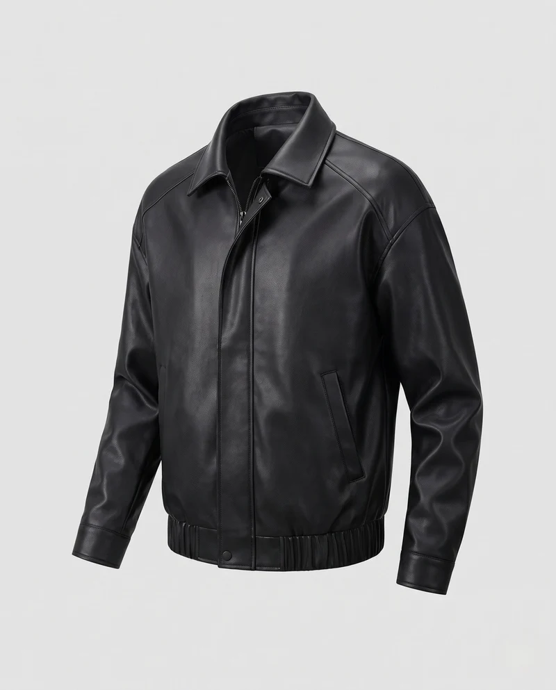Herren Schlichte Kunstleder‑Blousonjacke im cleanen Blousonstil mit Hemdkragen, verdecktem Reißverschluss & elastischem Bund Nord Taschen