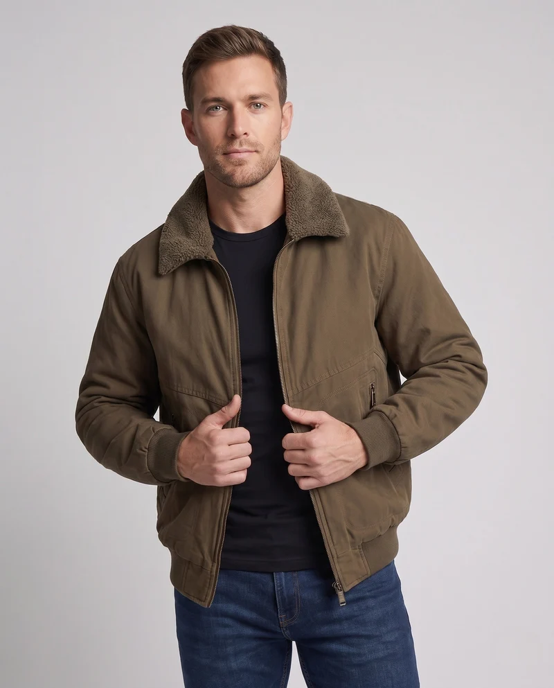 Herren Robuste Canvas-Bomberjacke mit Sherpa-Innenfutter, Stehkragen & Zwei-Wege-Reißverschluss Nord Taschen