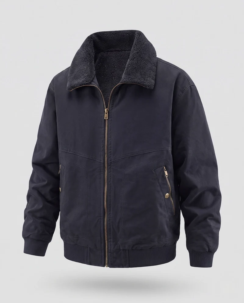 Herren Robuste Canvas-Bomberjacke mit Sherpa-Innenfutter, Stehkragen & Zwei-Wege-Reißverschluss Nord Taschen
