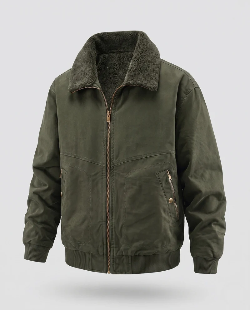 Herren Robuste Canvas-Bomberjacke mit Sherpa-Innenfutter, Stehkragen & Zwei-Wege-Reißverschluss Nord Taschen