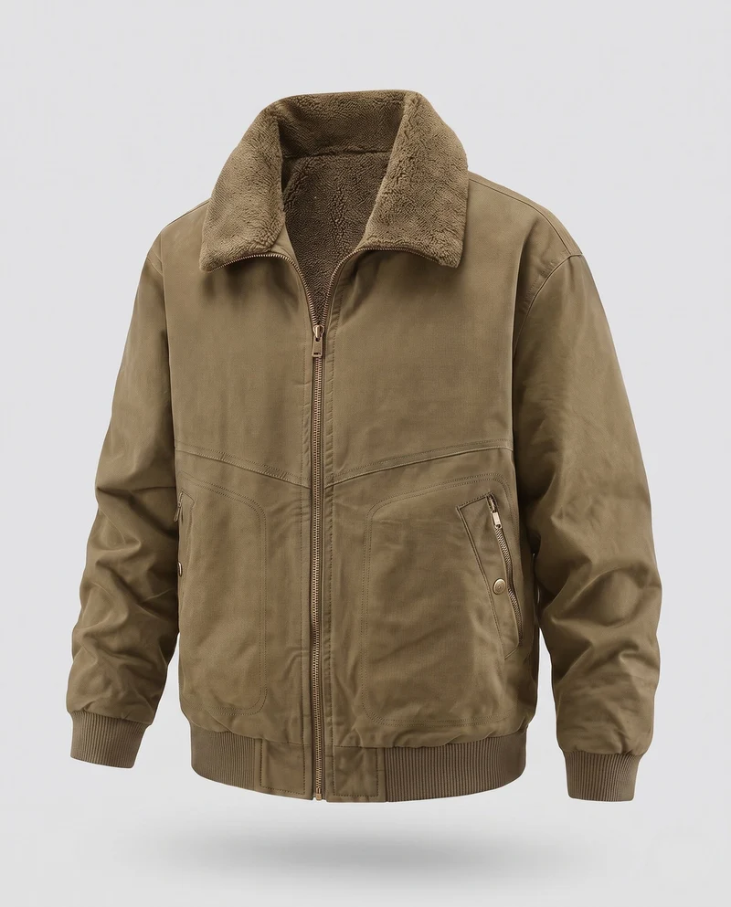 Herren Robuste Canvas-Bomberjacke mit Sherpa-Innenfutter, Stehkragen & Zwei-Wege-Reißverschluss Nord Taschen