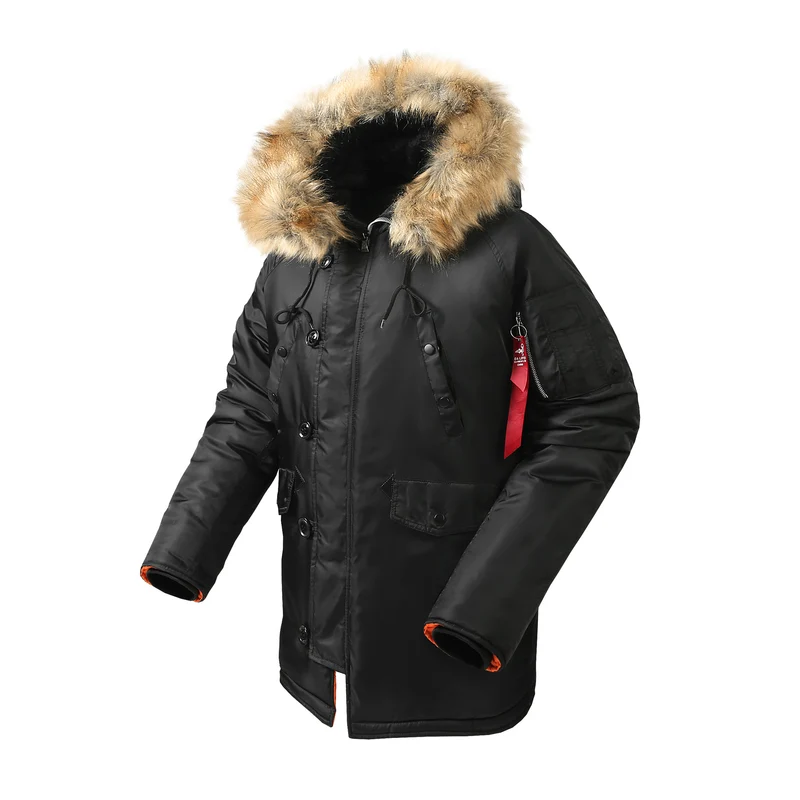Herren langer thermoisolierter Parka mit Kunstfellkapuze und Utility‑Taschen Nord Taschen