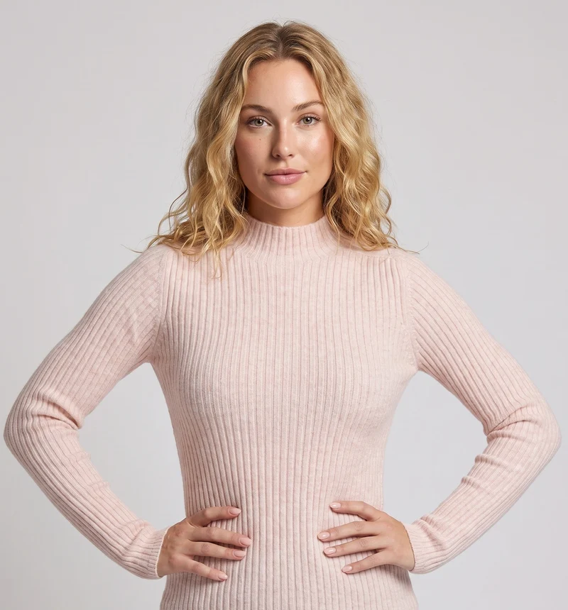 Damen Figurbetonter Rippenstrick-Pullover mit kurzem Stehkragen und elastischem Sitz Nord Taschen
