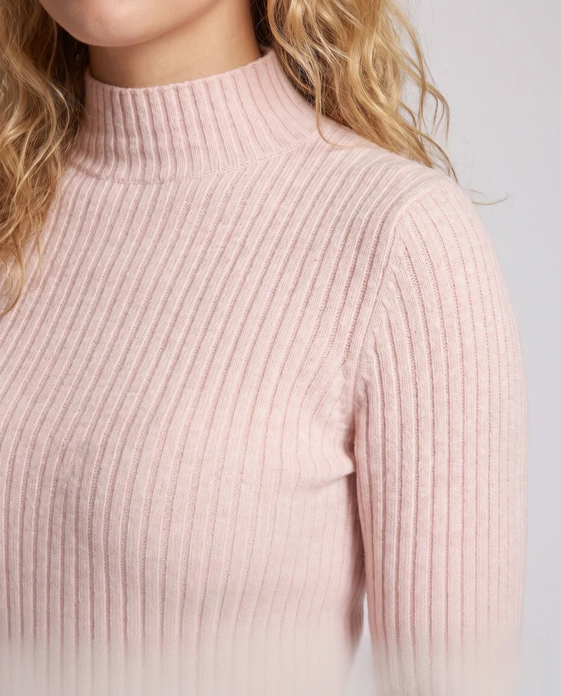 Damen Figurbetonter Rippenstrick-Pullover mit kurzem Stehkragen und elastischem Sitz Nord Taschen