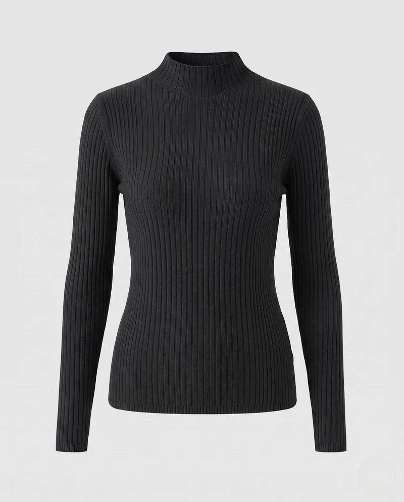 Damen Figurbetonter Rippenstrick-Pullover mit kurzem Stehkragen und elastischem Sitz Nord Taschen
