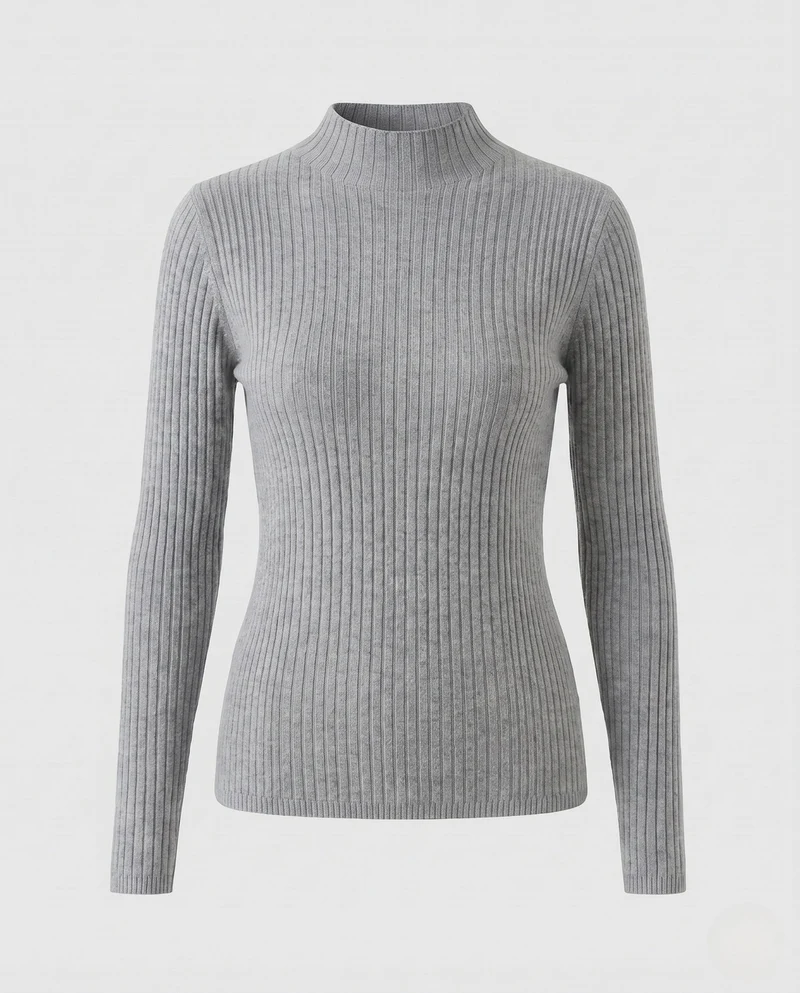 Damen Figurbetonter Rippenstrick-Pullover mit kurzem Stehkragen und elastischem Sitz Nord Taschen