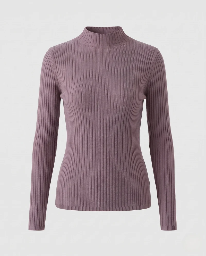 Damen Figurbetonter Rippenstrick-Pullover mit kurzem Stehkragen und elastischem Sitz Nord Taschen