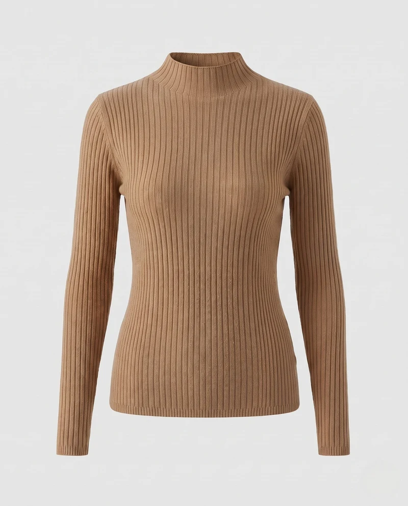 Damen Figurbetonter Rippenstrick-Pullover mit kurzem Stehkragen und elastischem Sitz Nord Taschen