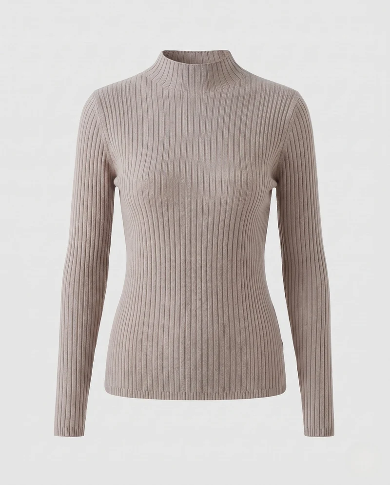 Damen Figurbetonter Rippenstrick-Pullover mit kurzem Stehkragen und elastischem Sitz Nord Taschen