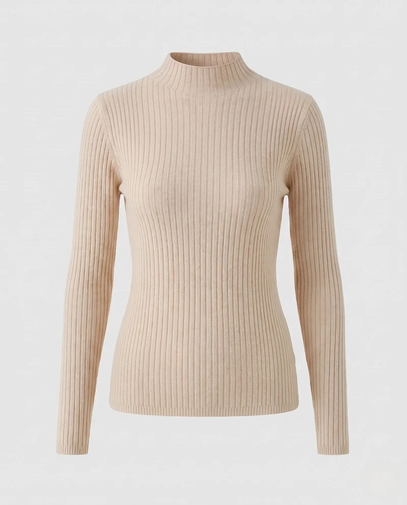 Damen Figurbetonter Rippenstrick-Pullover mit kurzem Stehkragen und elastischem Sitz Nord Taschen