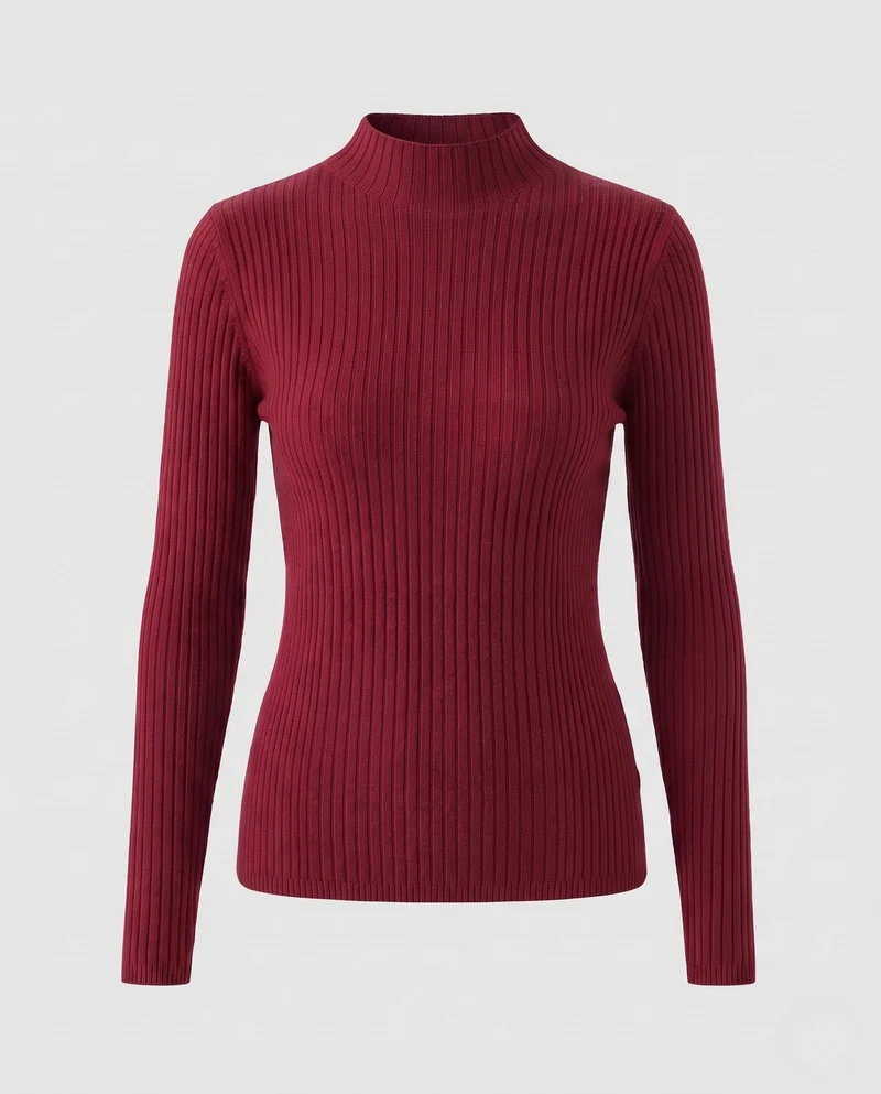 Damen Figurbetonter Rippenstrick-Pullover mit kurzem Stehkragen und elastischem Sitz Nord Taschen