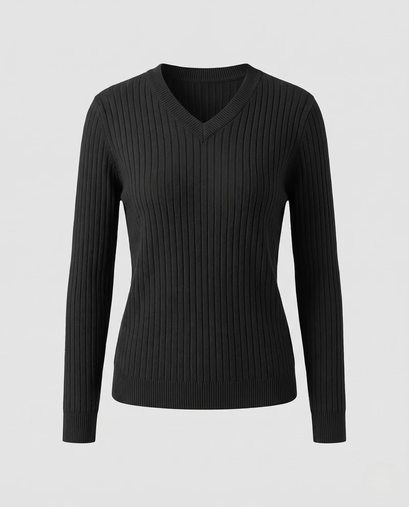 Damen Figurnaher Feinstrickpullover mit breiter Rippstruktur und V-Ausschnitt Nord Taschen