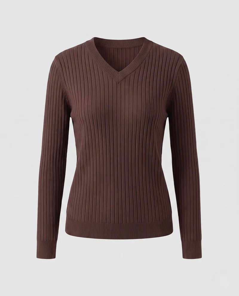 Damen Figurnaher Feinstrickpullover mit breiter Rippstruktur und V-Ausschnitt Nord Taschen