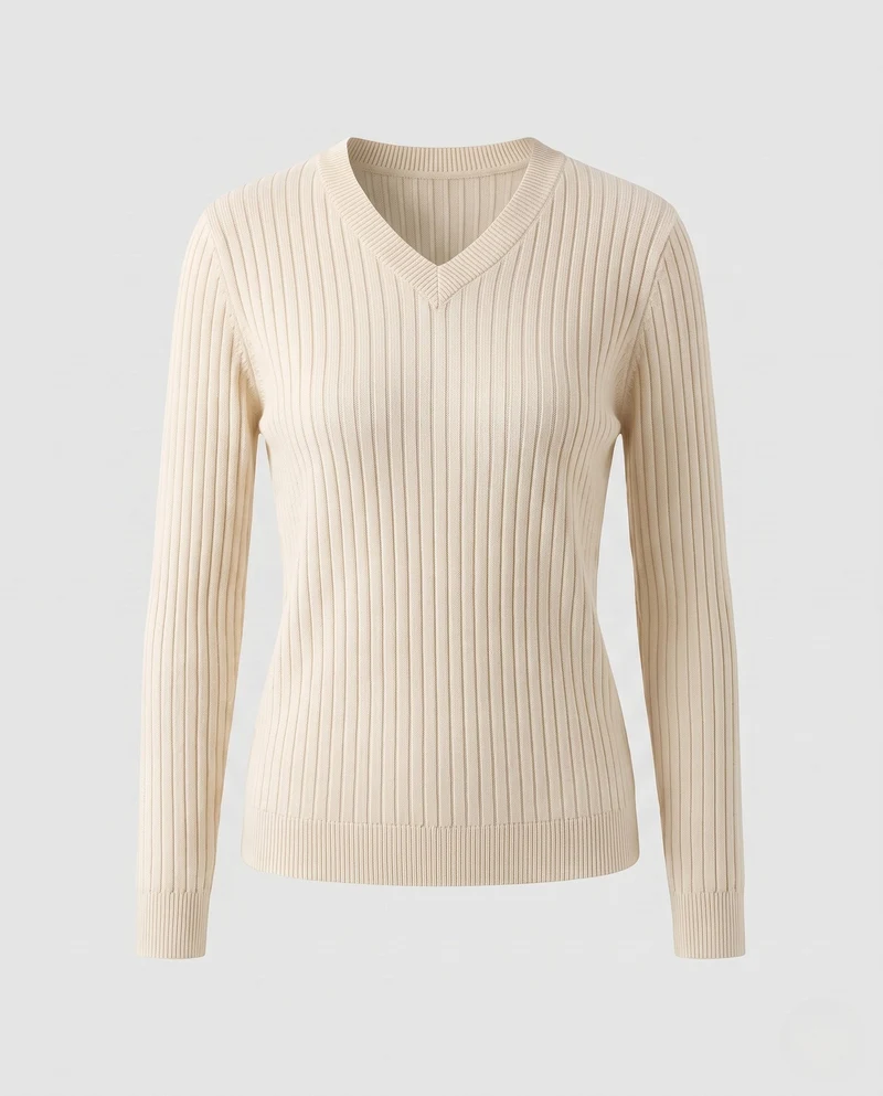 Damen Figurnaher Feinstrickpullover mit breiter Rippstruktur und V-Ausschnitt Nord Taschen