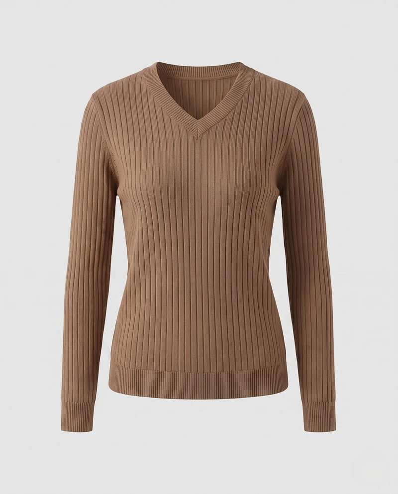 Damen Figurnaher Feinstrickpullover mit breiter Rippstruktur und V-Ausschnitt Nord Taschen