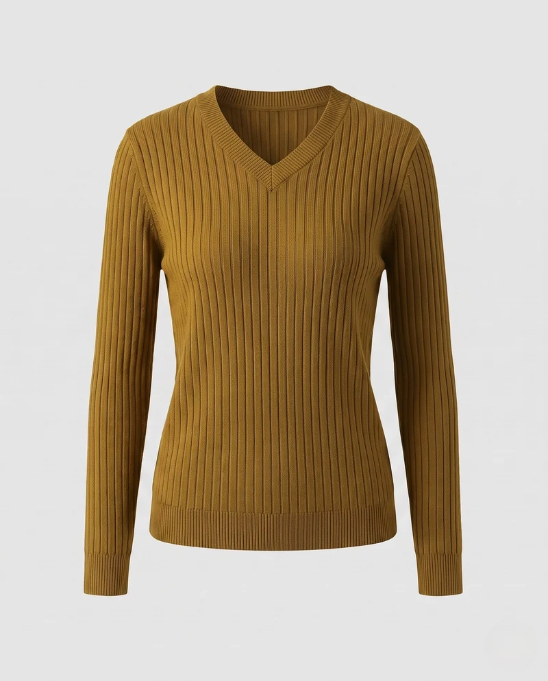 Damen Figurnaher Feinstrickpullover mit breiter Rippstruktur und V-Ausschnitt Nord Taschen