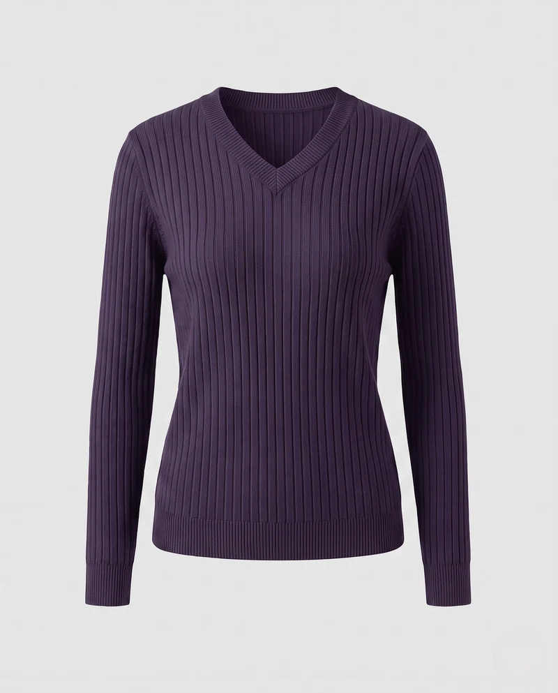 Damen Figurnaher Feinstrickpullover mit breiter Rippstruktur und V-Ausschnitt Nord Taschen