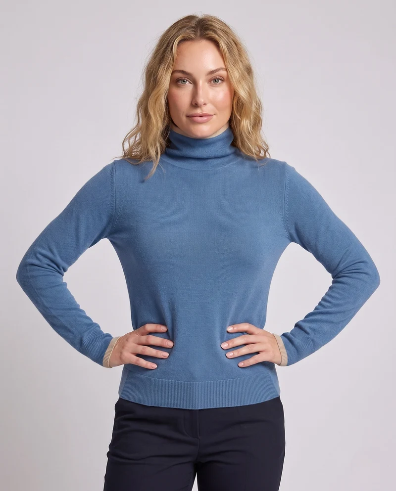Damen Figurnaher Feinstrick-Rollkragenpullover mit kontrastbesetzten Bündchen und kaschmirähnlicher Haptik Nord Taschen