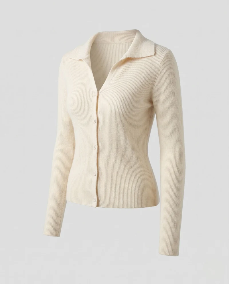Damen Figurnahes Feinstrick-Cardigan mit kleinem Reverskragen und feiner Rippenstruktur Nord Taschen