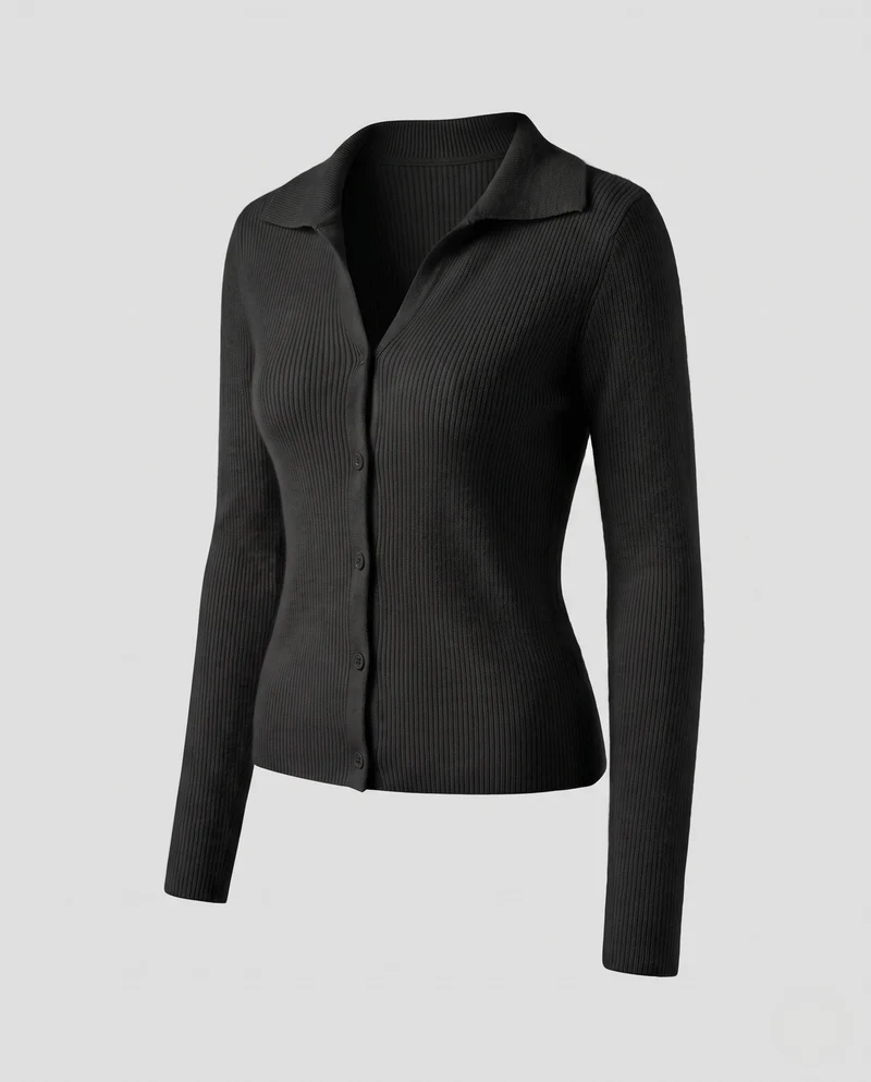 Damen Figurnahes Feinstrick-Cardigan mit kleinem Reverskragen und feiner Rippenstruktur Nord Taschen