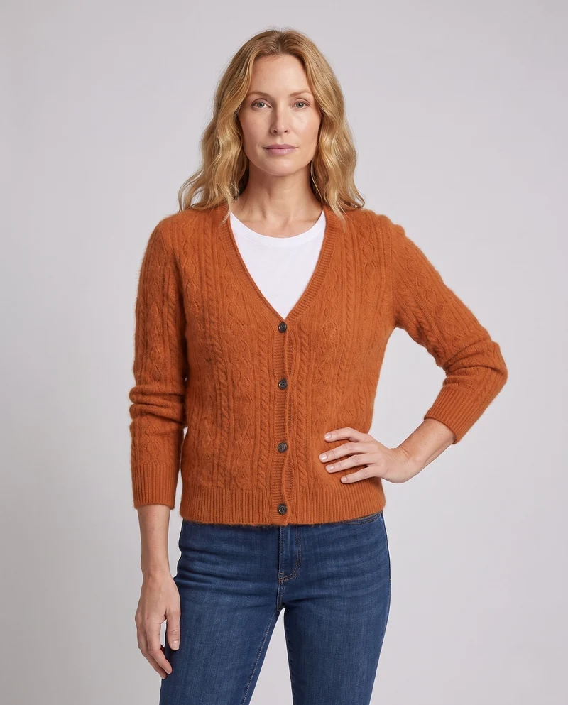 Damen Flauschiger Ajour-Zopfcardigan mit V‑Ausschnitt und Knopfleiste Nord Taschen