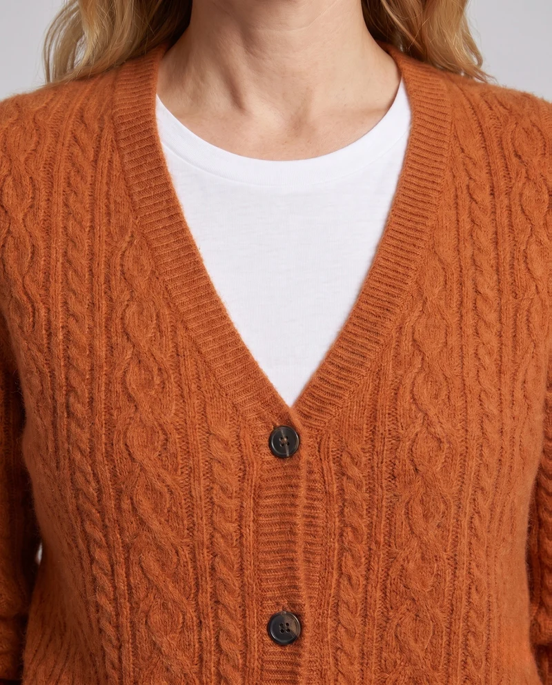 Damen Flauschiger Ajour-Zopfcardigan mit V‑Ausschnitt und Knopfleiste Nord Taschen