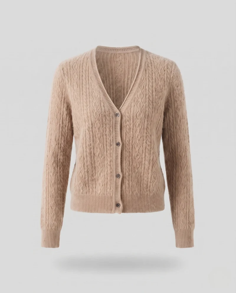 Damen Flauschiger Ajour-Zopfcardigan mit V‑Ausschnitt und Knopfleiste Nord Taschen