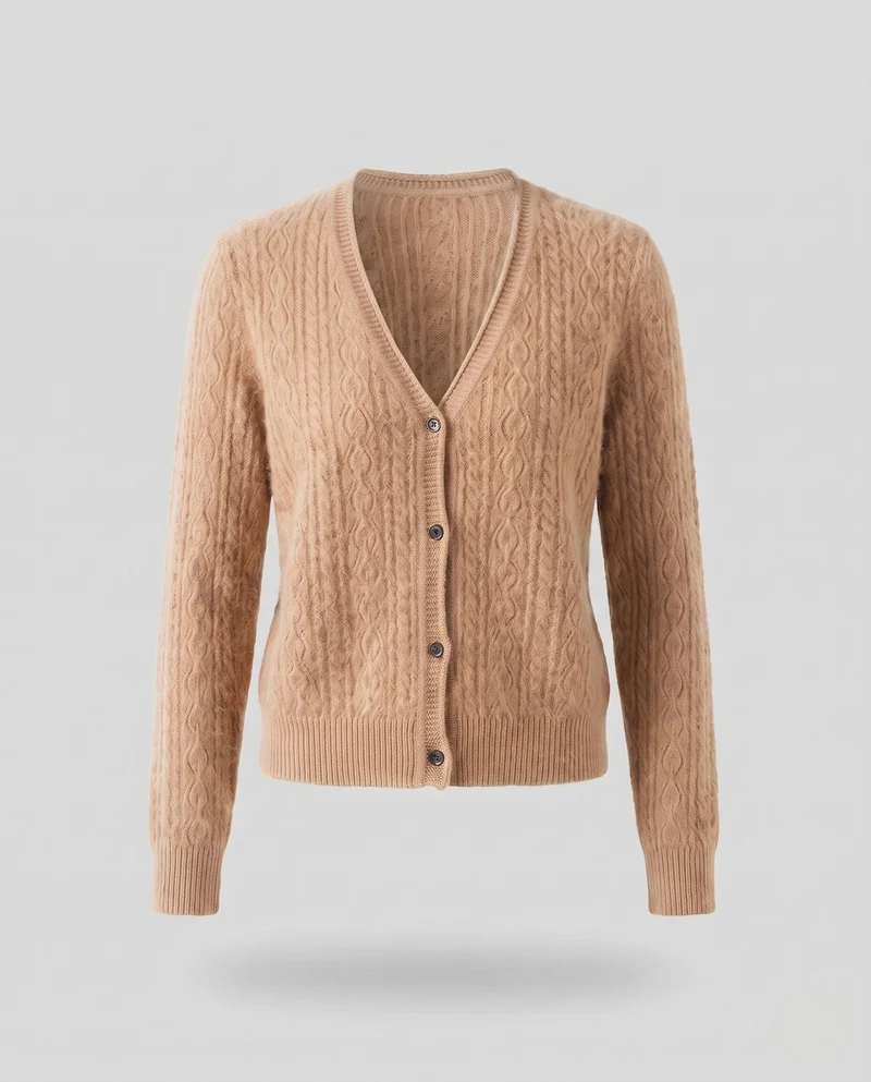 Damen Flauschiger Ajour-Zopfcardigan mit V‑Ausschnitt und Knopfleiste Nord Taschen