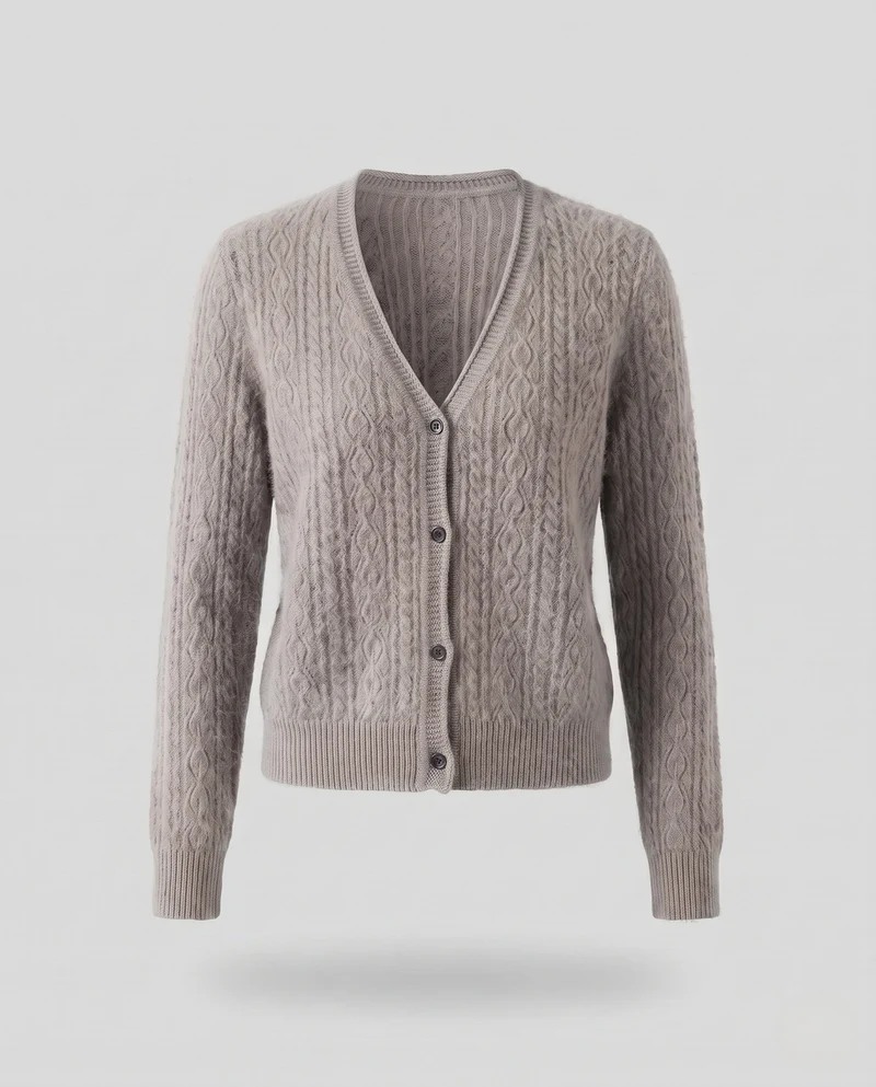 Damen Flauschiger Ajour-Zopfcardigan mit V‑Ausschnitt und Knopfleiste Nord Taschen
