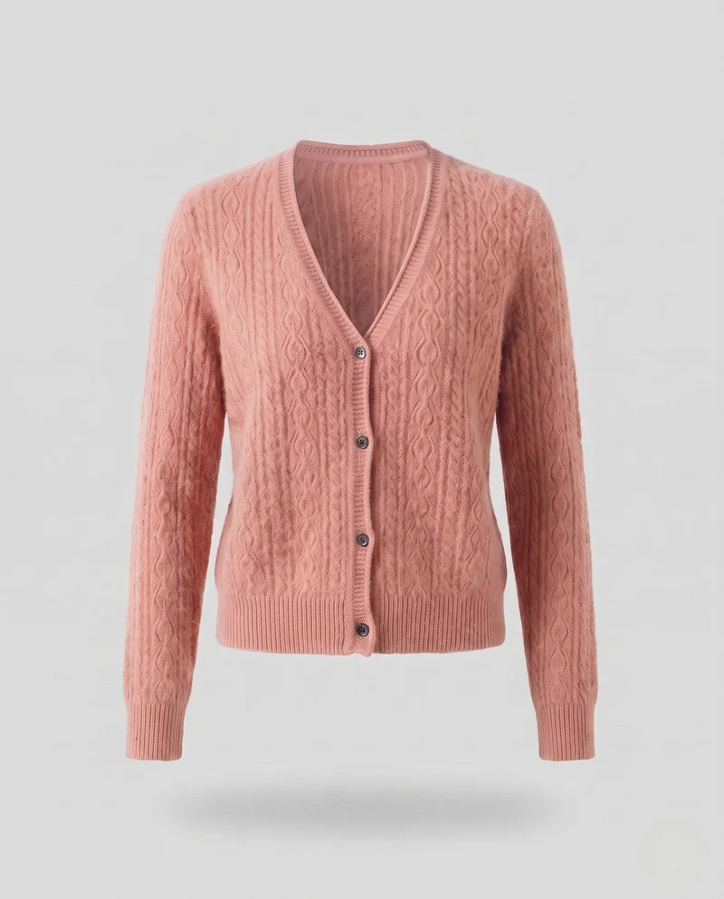 Damen Flauschiger Ajour-Zopfcardigan mit V‑Ausschnitt und Knopfleiste Nord Taschen