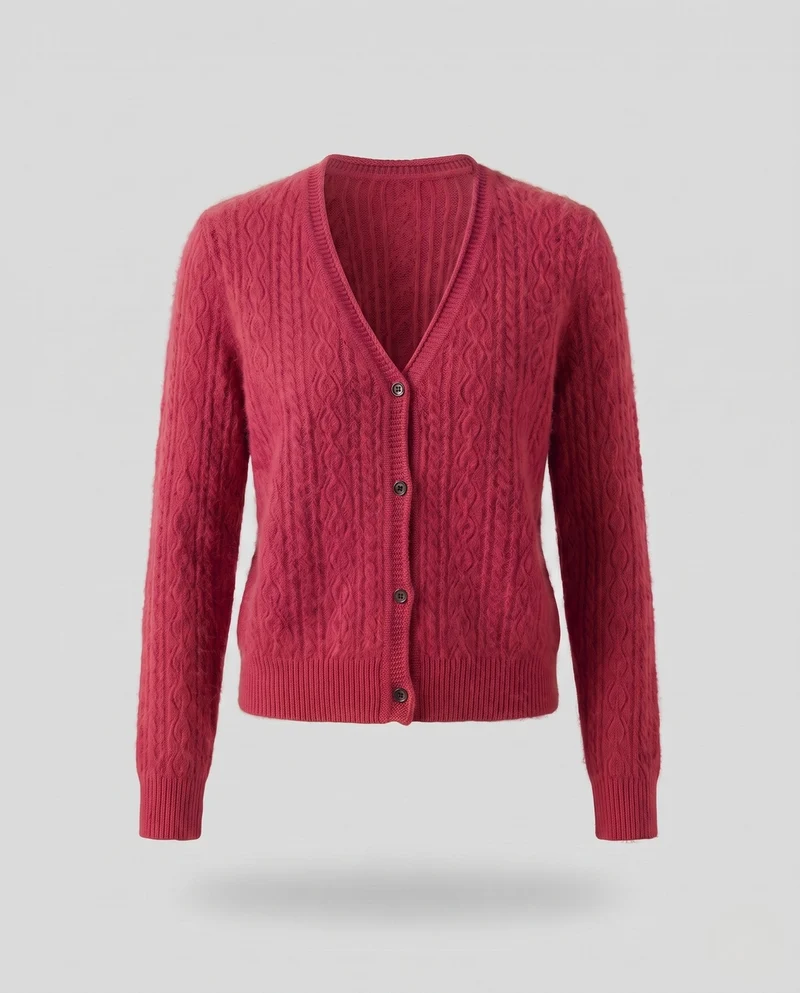 Damen Flauschiger Ajour-Zopfcardigan mit V‑Ausschnitt und Knopfleiste Nord Taschen