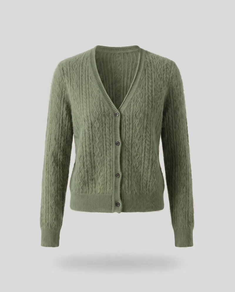 Damen Flauschiger Ajour-Zopfcardigan mit V‑Ausschnitt und Knopfleiste Nord Taschen