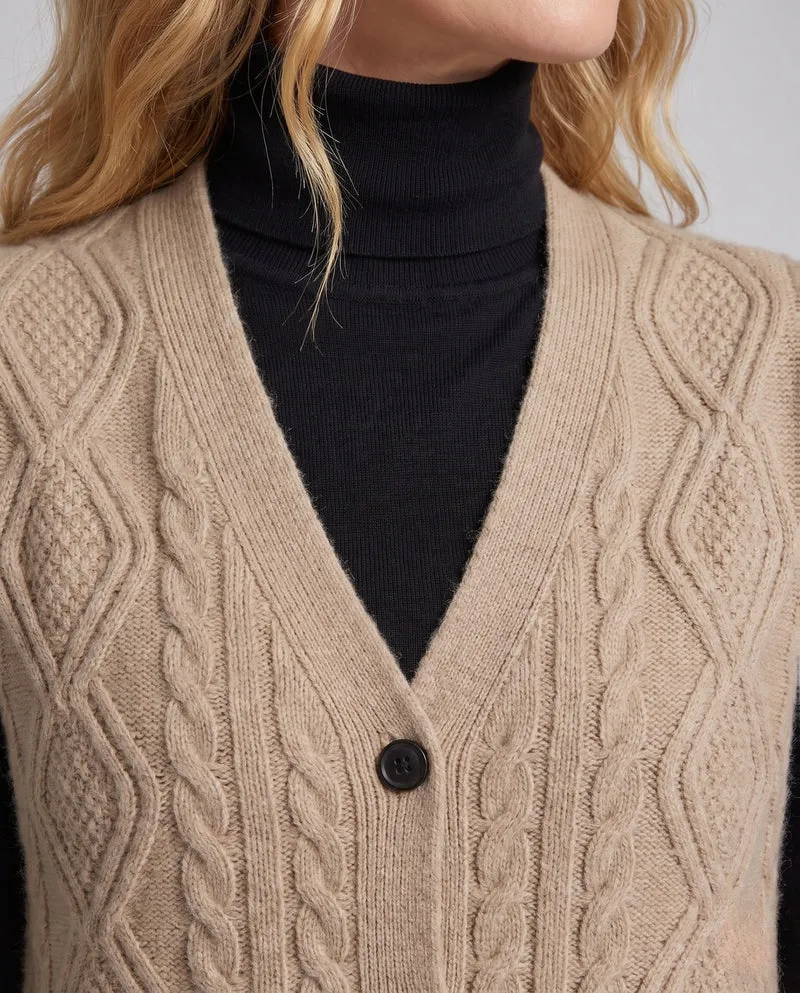 Damen Flauschige Strickweste mit V‑Ausschnitt, Zopfmuster und Knopfleiste Nord Taschen