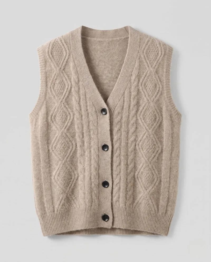 Damen Flauschige Strickweste mit V‑Ausschnitt, Zopfmuster und Knopfleiste Nord Taschen