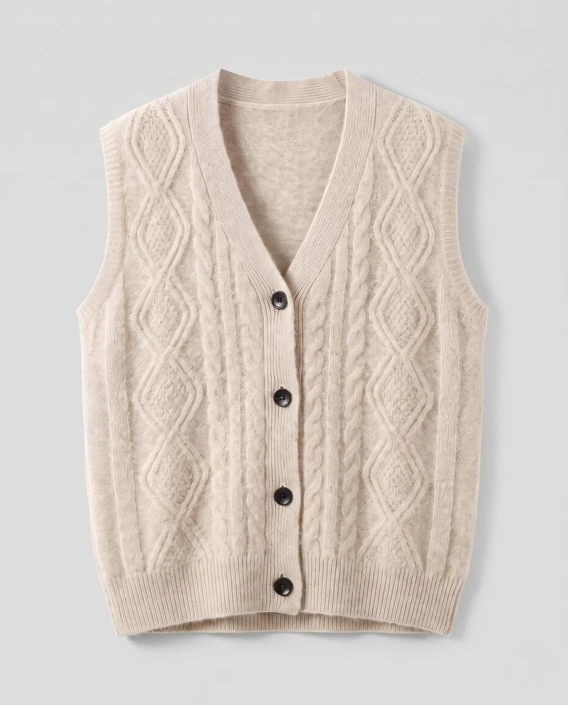 Damen Flauschige Strickweste mit V‑Ausschnitt, Zopfmuster und Knopfleiste Nord Taschen