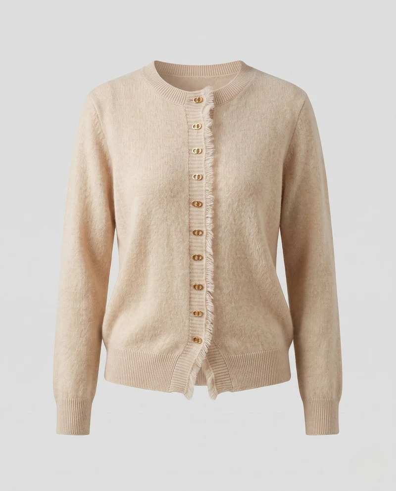Damen Flauschiger Feinstrick-Cardigan mit dekorativer Knopfleiste und Fransenblende Nord Taschen