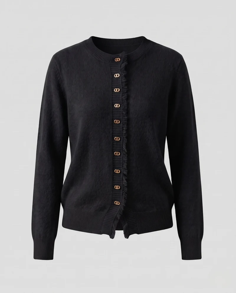 Damen Flauschiger Feinstrick-Cardigan mit dekorativer Knopfleiste und Fransenblende Nord Taschen